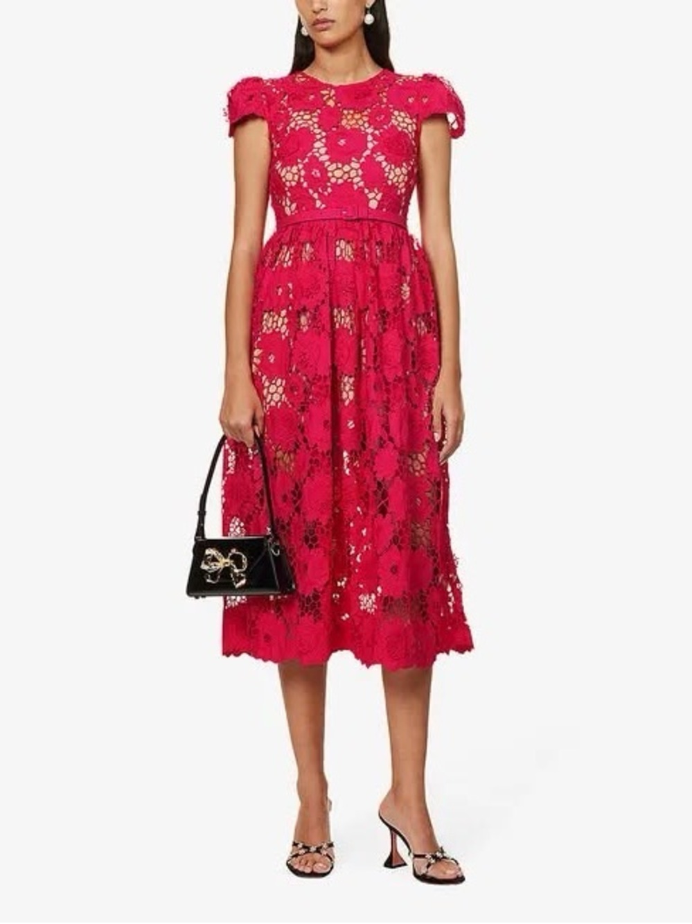 Self-Portrait Hot Pink Belted Floral Lace Midi Dress Size 4 - Picture 3 of 10